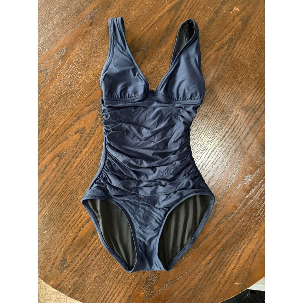 J. Crew Women's Ruched Femme Stretch V-Neck One-Piece Swimsuit Dark Navy Size 0